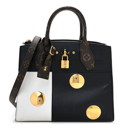 Louis Vuitton Calfskin Monogram Studded City Steamer PM Black White 1 of 9