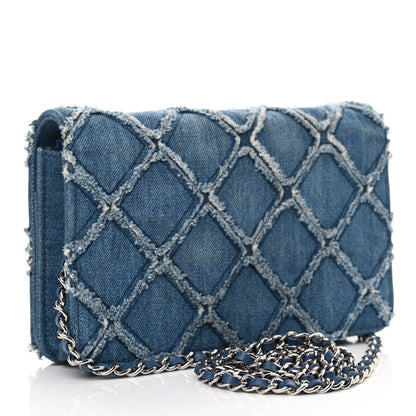 Chanel Frayed Denim Quilted Wallet On Chain WOC Blue 3 of 11