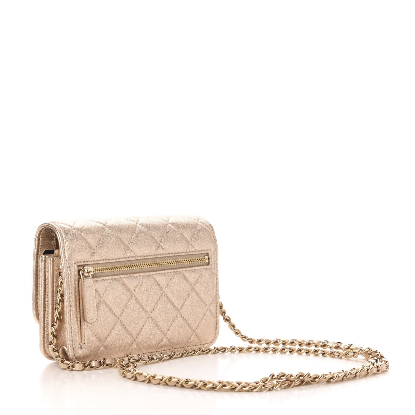 Metallic Lambskin Quilted Mini Wallet On Chain WOC Gold