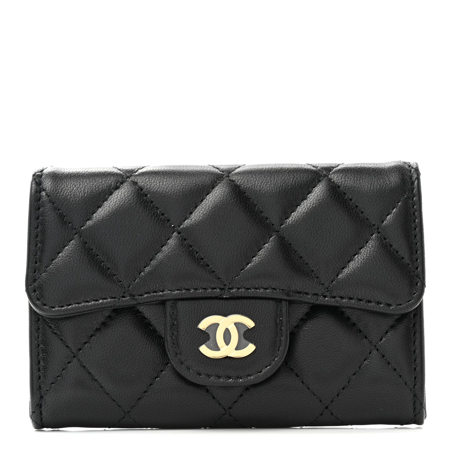 Lambskin Quilted Flap Card Holder Wallet Black
