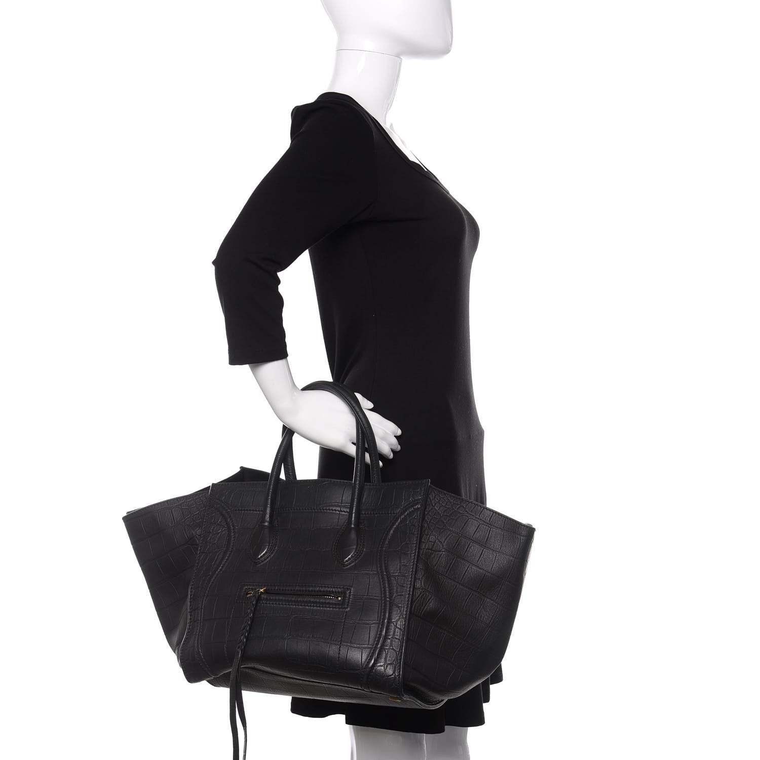 Celine Crocodile Embossed Calfskin Medium Phantom Luggage Black 2 of 14