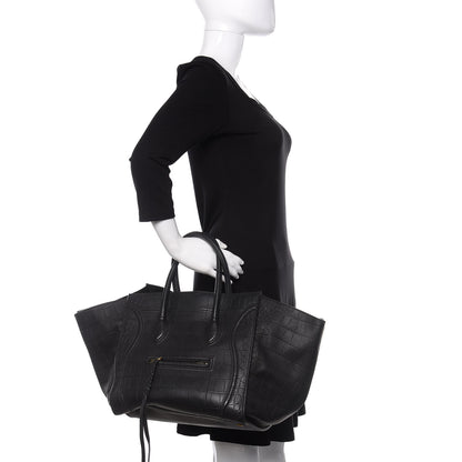Celine Crocodile Embossed Calfskin Medium Phantom Luggage Black 2 of 14