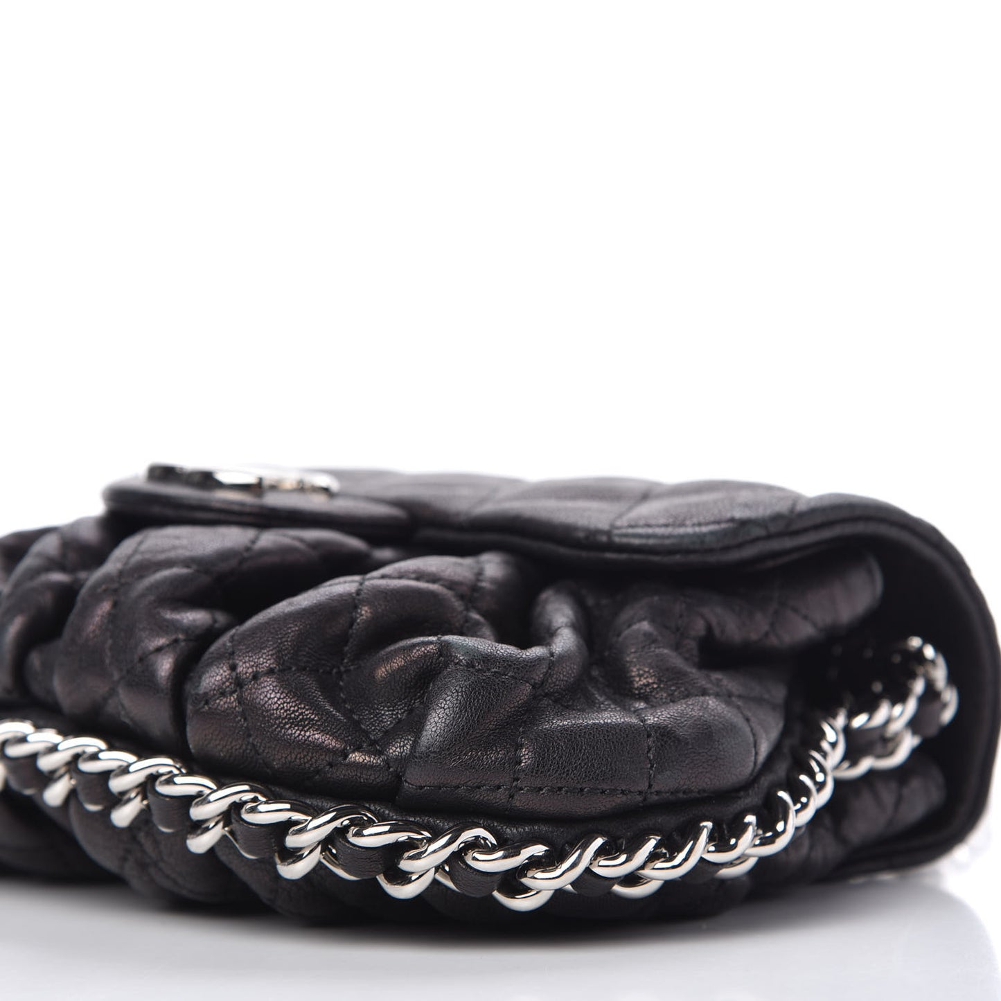 Metallic Washed Lambskin Quilted Mini Chain Around Flap Black