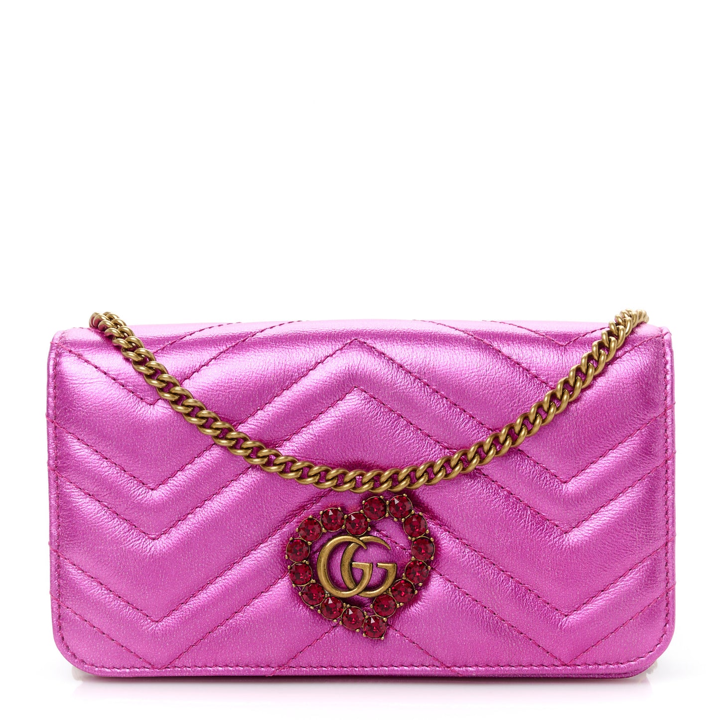 Metallic Calfskin Matelasse Crystal GG Marmont Mini Bag Fuchsia