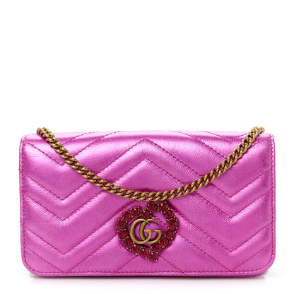 Gucci Metallic Calfskin Matelasse Crystal GG Marmont Mini Bag Fuchsia 1 of 10