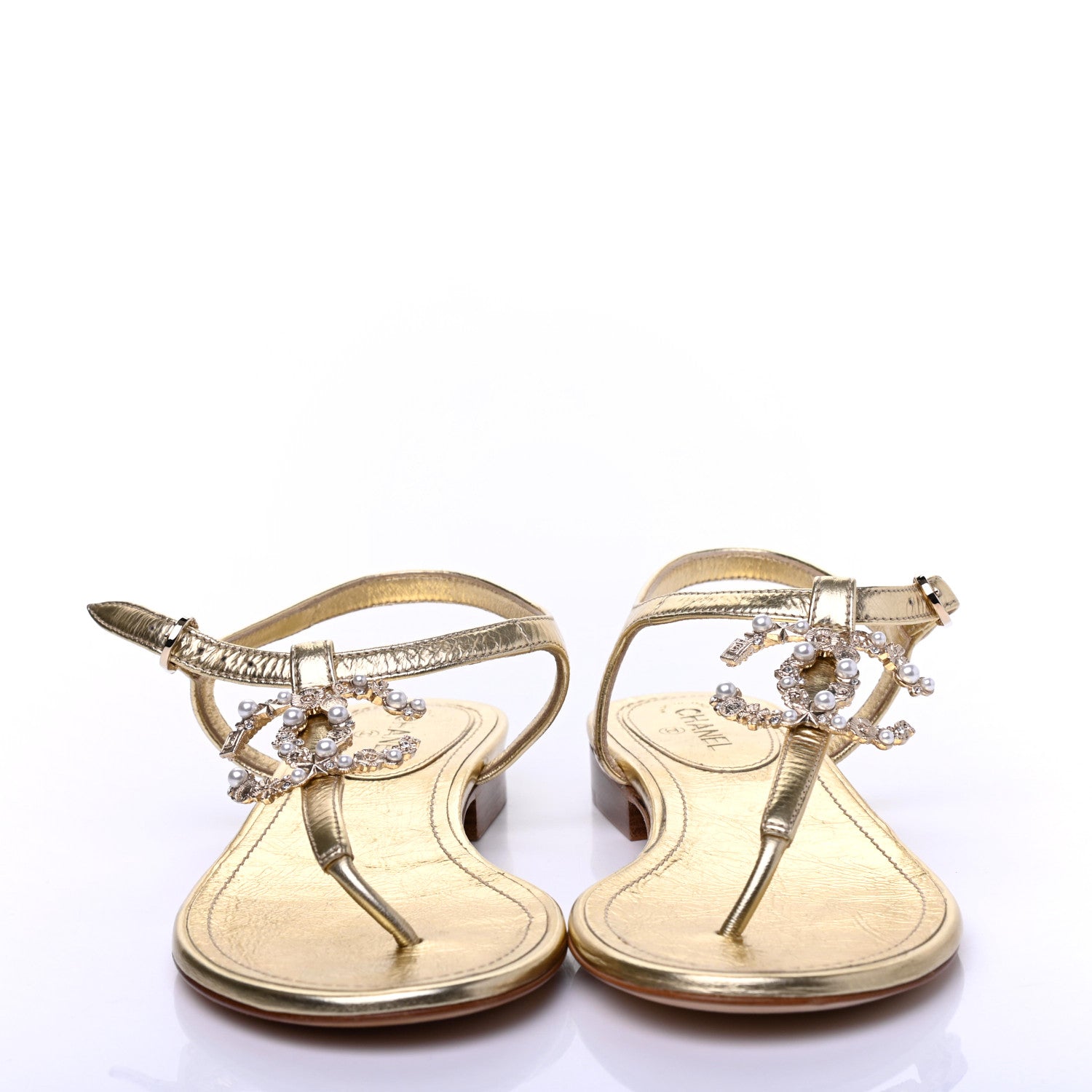Chanel Aged Metallic Calfskin Pearl Crystal CC Charm Thong Sandals 35 Gold 8 of 13