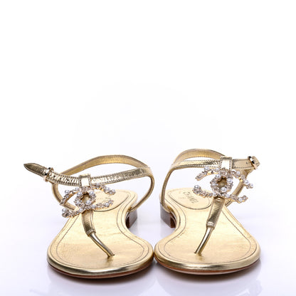 Chanel Aged Metallic Calfskin Pearl Crystal CC Charm Thong Sandals 35 Gold 8 of 13