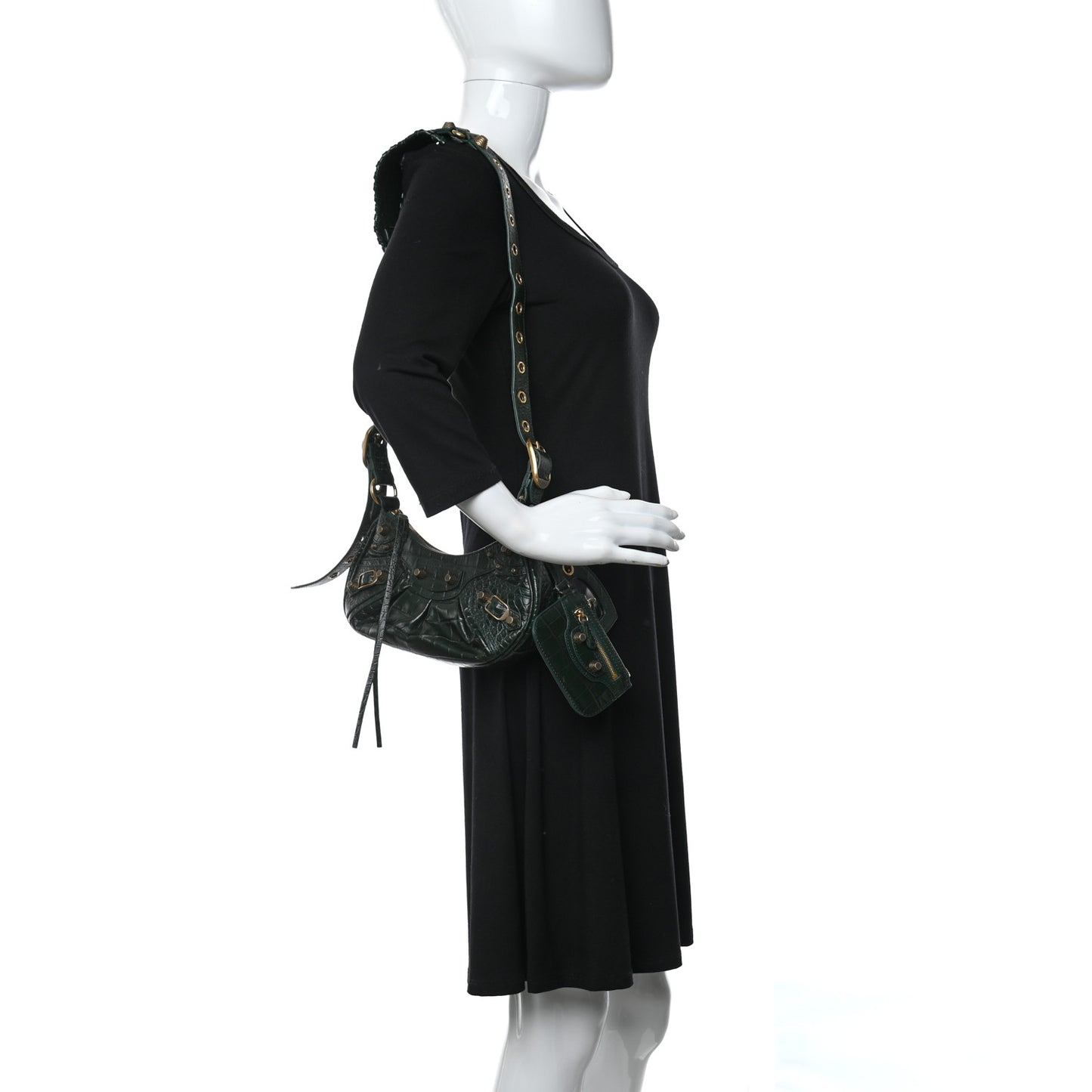 Extra Supple Calfskin Crocodile Embossed Le Cagole Shoulder Bag XS Forest Green