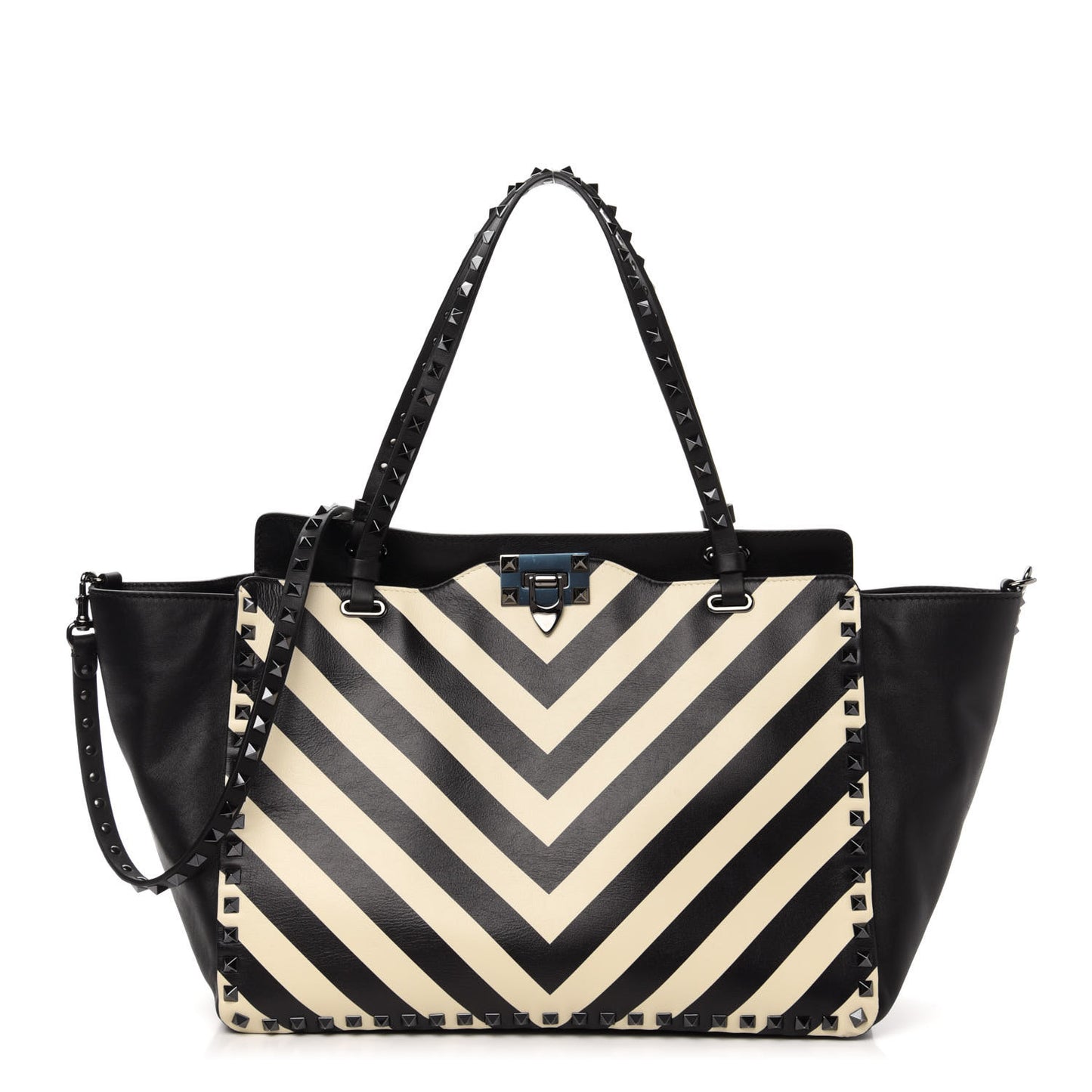 Calfskin Chevron Medium Rockstud Tote Light Ivory Black