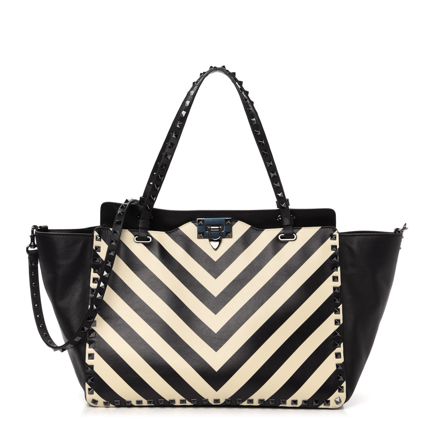 Valentino Garavani Calfskin Chevron Medium Rockstud Tote Light Ivory Black 1 of 10