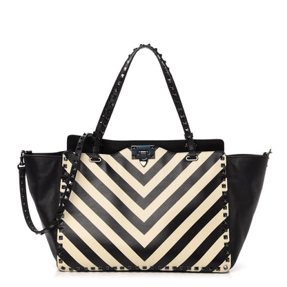 Valentino Garavani Calfskin Chevron Medium Rockstud Tote Light Ivory Black 1 of 10