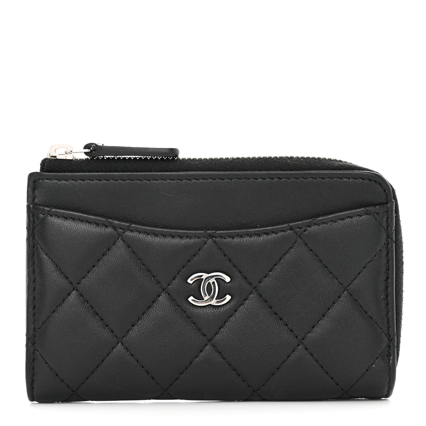 Lambskin Quilted Zip Card Holder Black