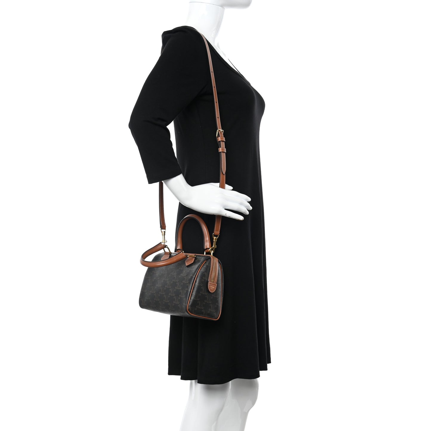 Triomphe Canvas Calfskin Small Boston Bag Tan