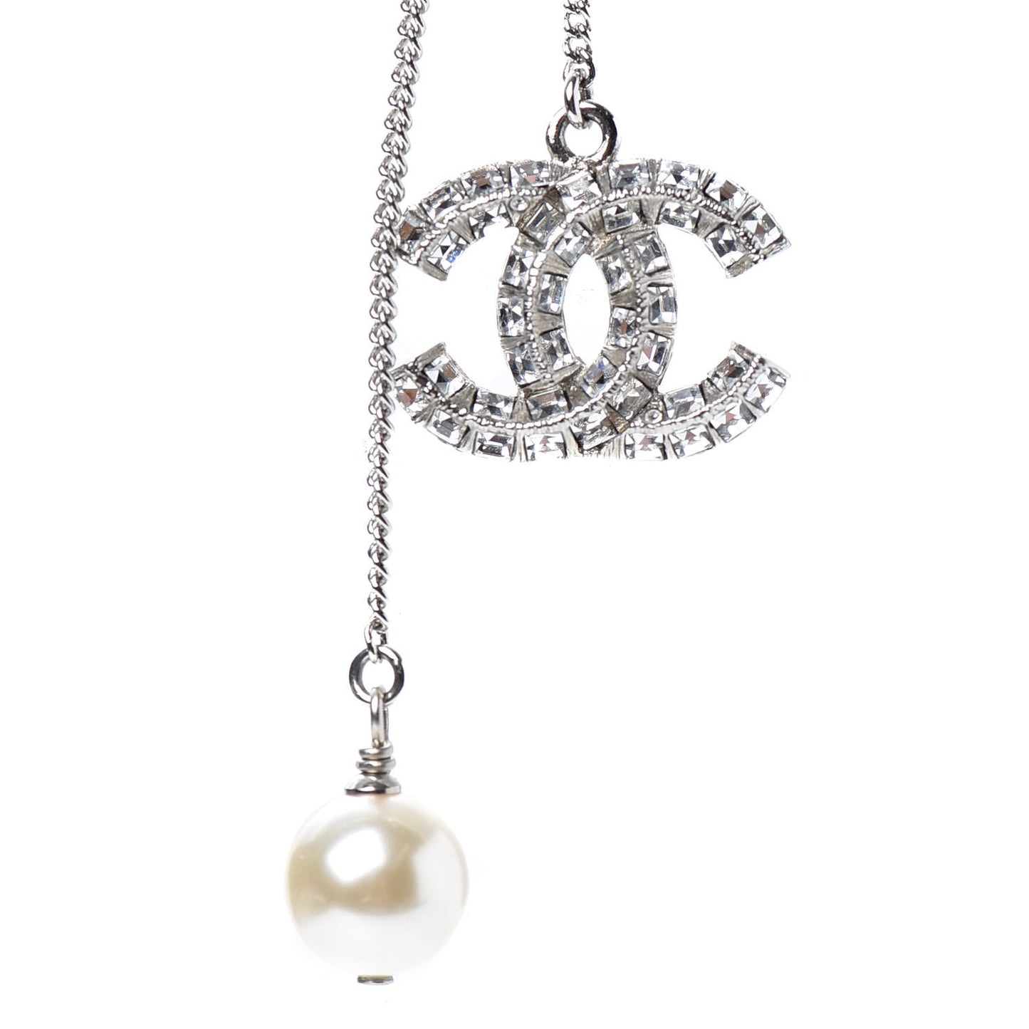 Baguette Crystal Pearl CC Lariat Necklace Silver
