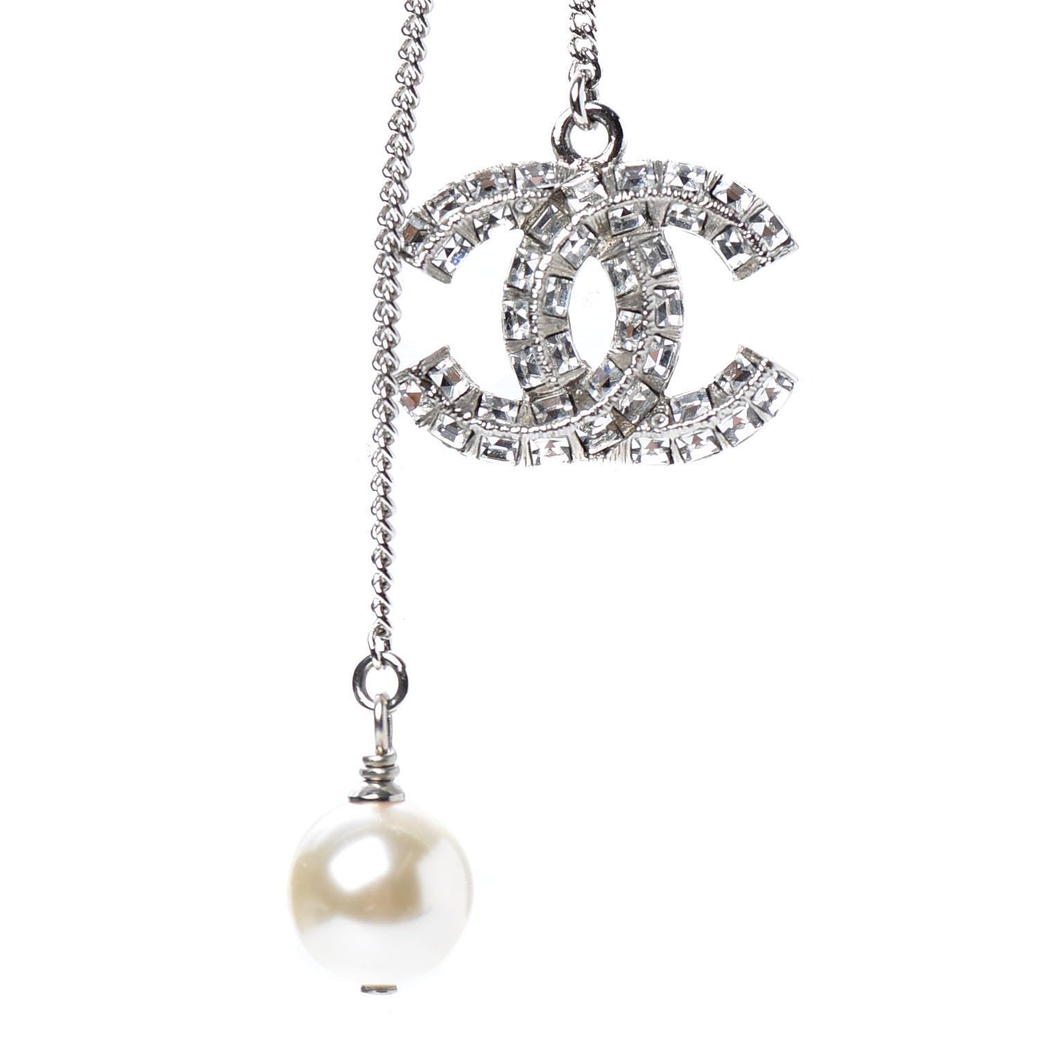 Chanel Baguette Crystal Pearl CC Lariat Necklace Silver 4 of 6