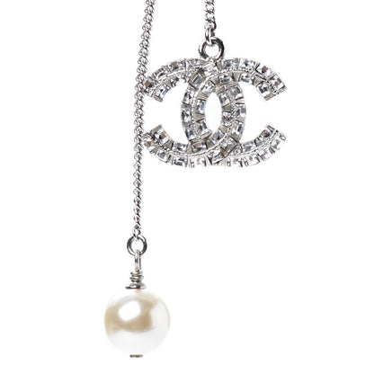 Chanel Baguette Crystal Pearl CC Lariat Necklace Silver 4 of 6