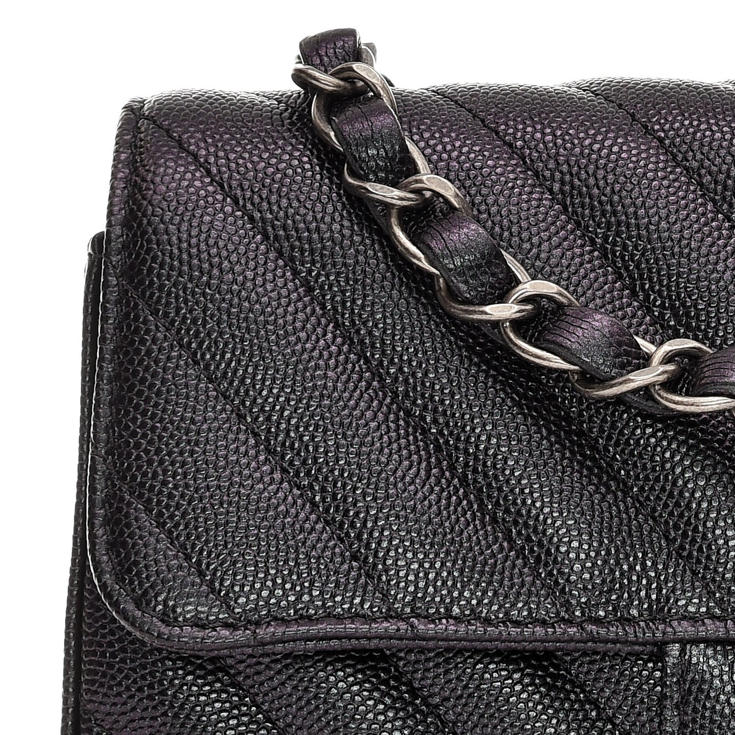 Metallic Caviar Chevron Quilted Mini Rectangular Flap Black