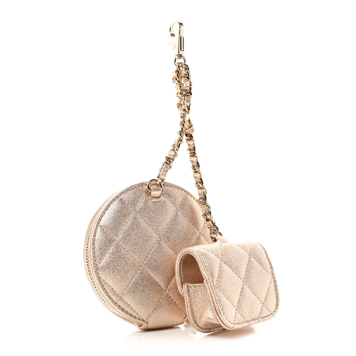 Chanel Metallic Lambskin Quilted Round Clip On Coin Purse Airpods Case Gold 3 of 9