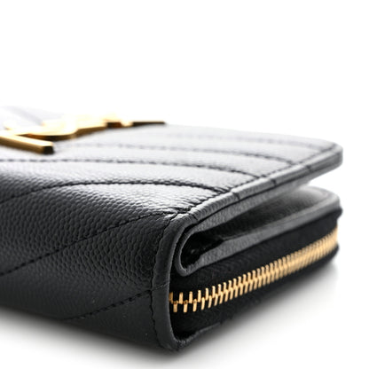 Saint Laurent Grain De Poudre Matelasse Chevron Monogram Compact Zip Around Wallet Black 10 of 11