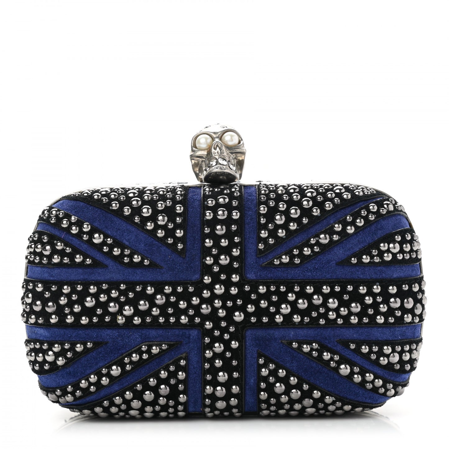 Suede Studded Britannia Skull Box Clutch Blue Black