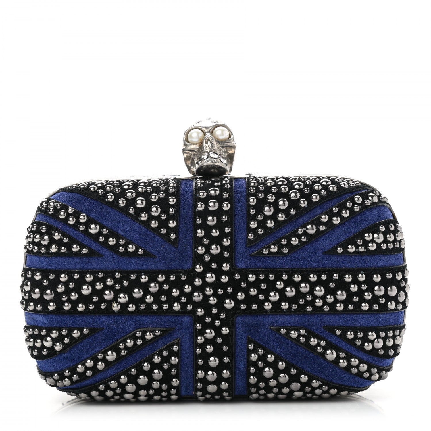 Alexander McQueen Suede Studded Britannia Skull Box Clutch Blue Black 1 of 11
