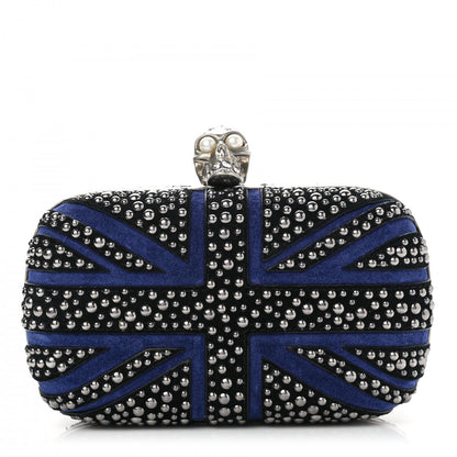 Alexander McQueen Suede Studded Britannia Skull Box Clutch Blue Black 1 of 11