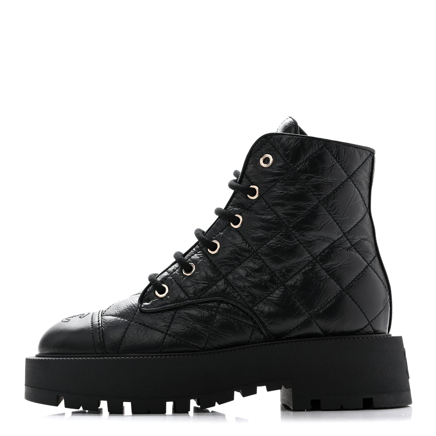 Shiny Calfskin Quilted Lace Up Combat Boots 37.5 Black