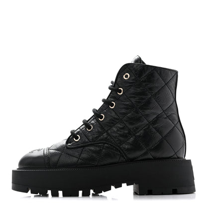 Chanel Shiny Calfskin Quilted Lace Up Combat Boots 37.5 Black 1 of 11