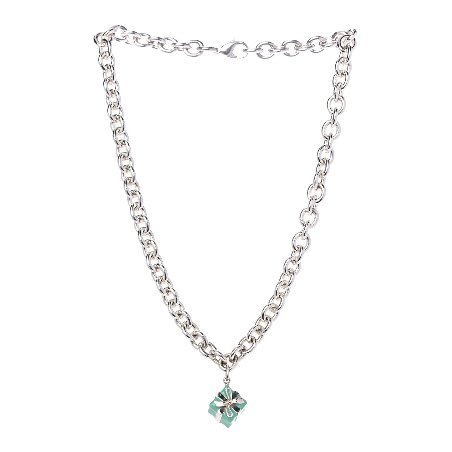 Sterling Silver Enamel Gift Box Charm Choker Necklace Blue
