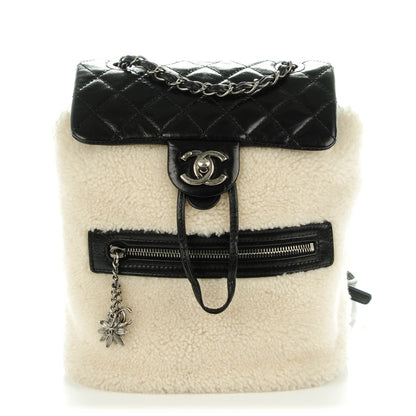 Chanel Glazed Calfskin Shearling Quilted Small Mountain Backpack Black Ivory 1 of 8