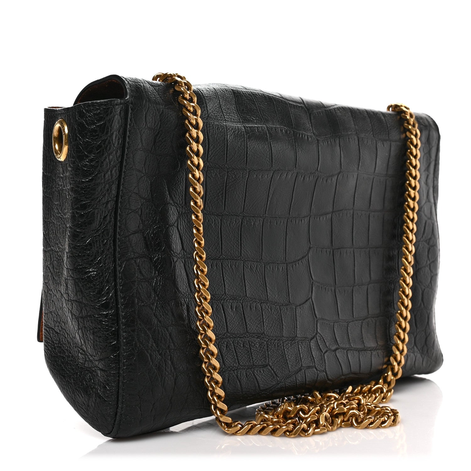 Saint Laurent Calfskin Crocodile Embossed Suede Medium Reversible Monogram Kate Satchel Military Taupe 3 of 7