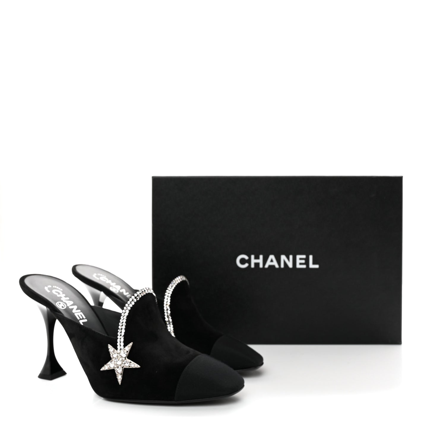 Suede Grosgrain Crystal Star Mules 40 Black