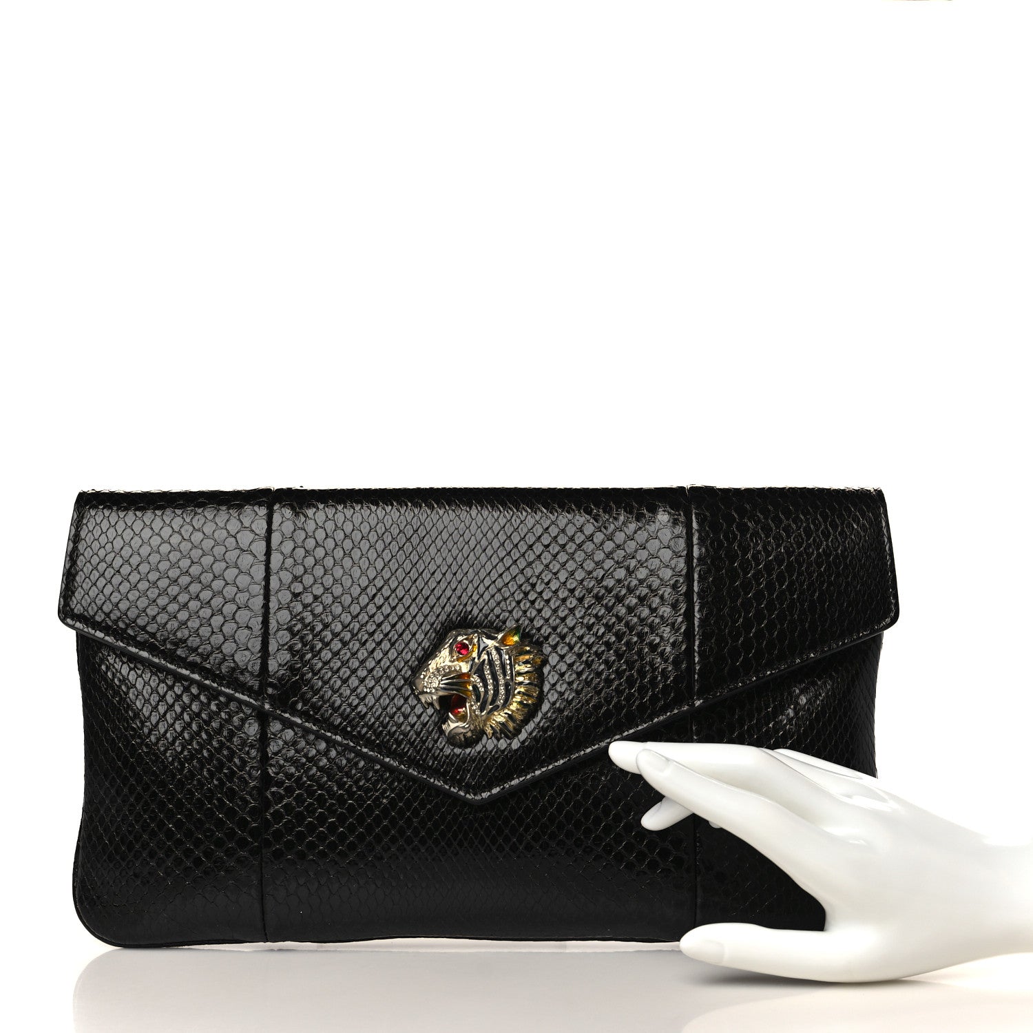 Gucci Snakeskin Rajah Broadway Envelope Clutch Black 2 of 10