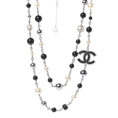 Chanel Pearl Bead Enamel CC Long Necklace Silver Black Grey 1 of 4