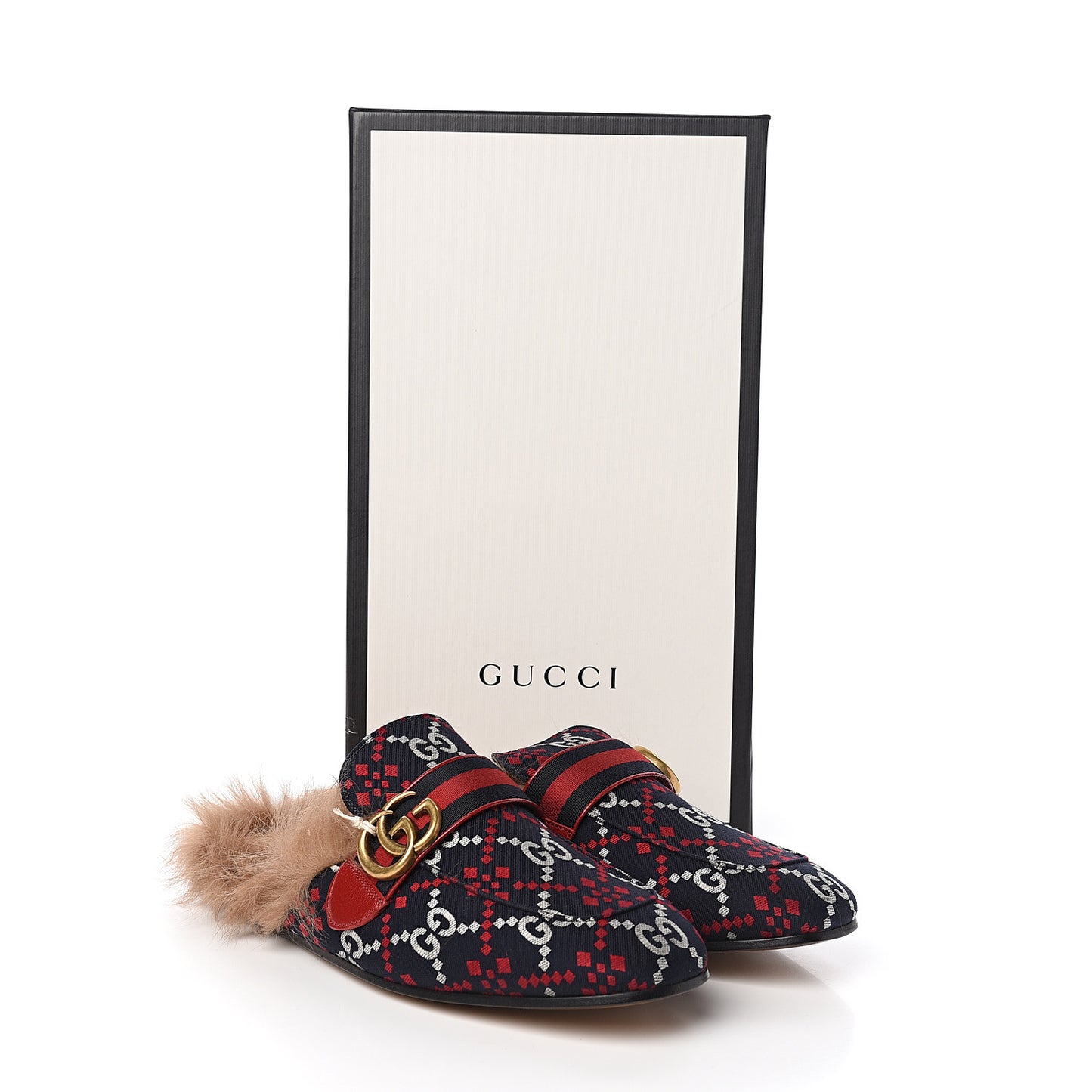 Canvas GG Monogram Diamond Fur Web GG Mens Princetown Slippers 8 Midnight Blue Hibiscus Red