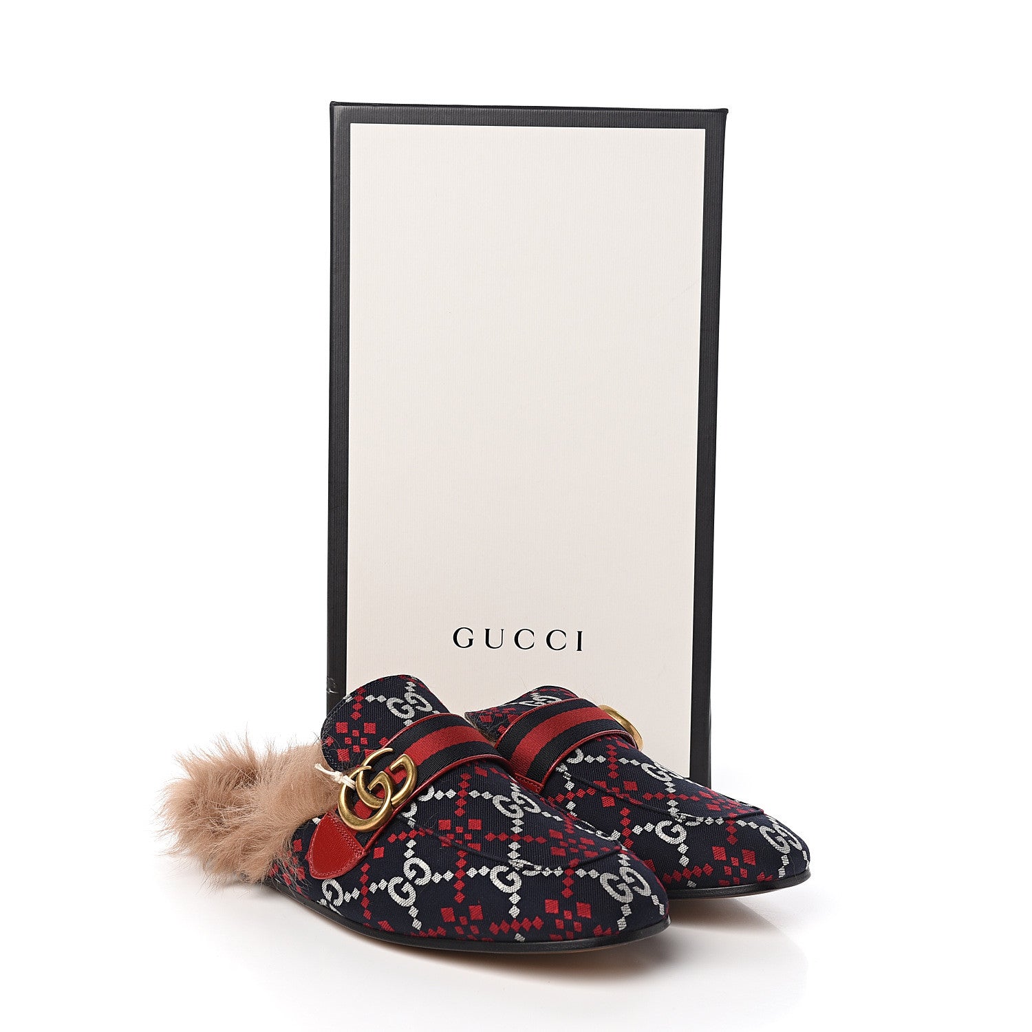 Gucci Canvas GG Monogram Diamond Fur Web GG Mens Princetown Slippers 8 Midnight Blue Hibiscus Red 9 of 9