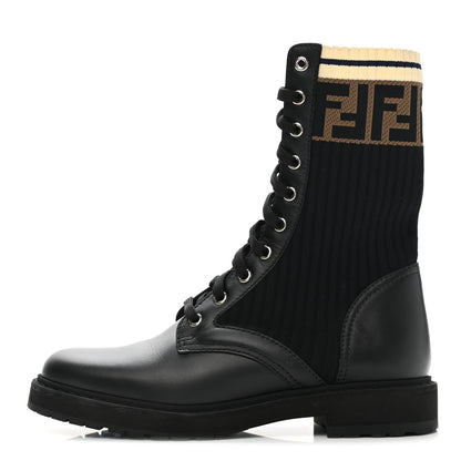 Fendi Calfskin Stretch Fabric Rockoko Biker Boots 37 Tobacco Black Marino 1 of 7