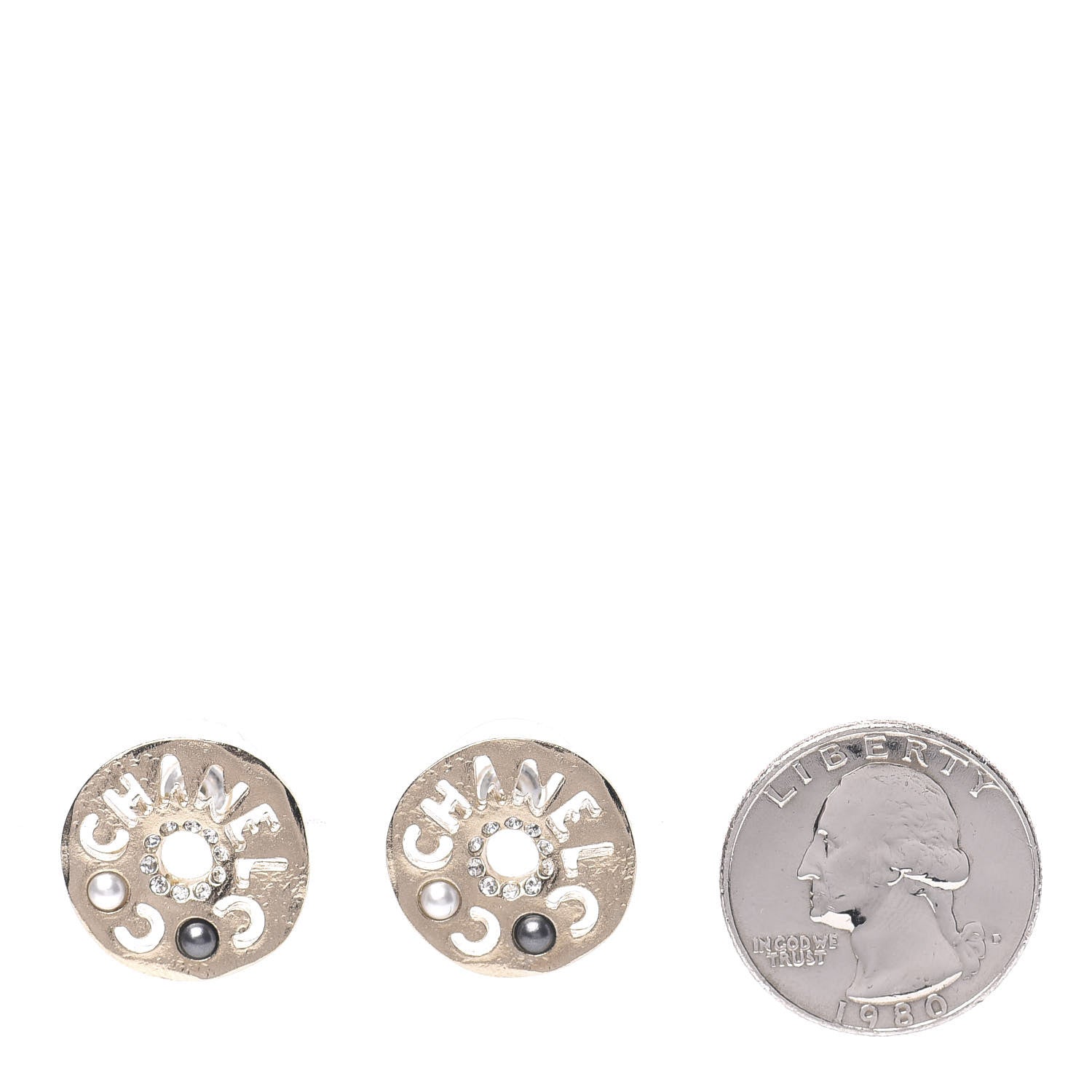 Chanel Crystal Pearl Papyrus Stud Earrings Gold Grey 2 of 5