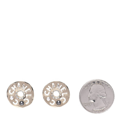 Chanel Crystal Pearl Papyrus Stud Earrings Gold Grey 2 of 5