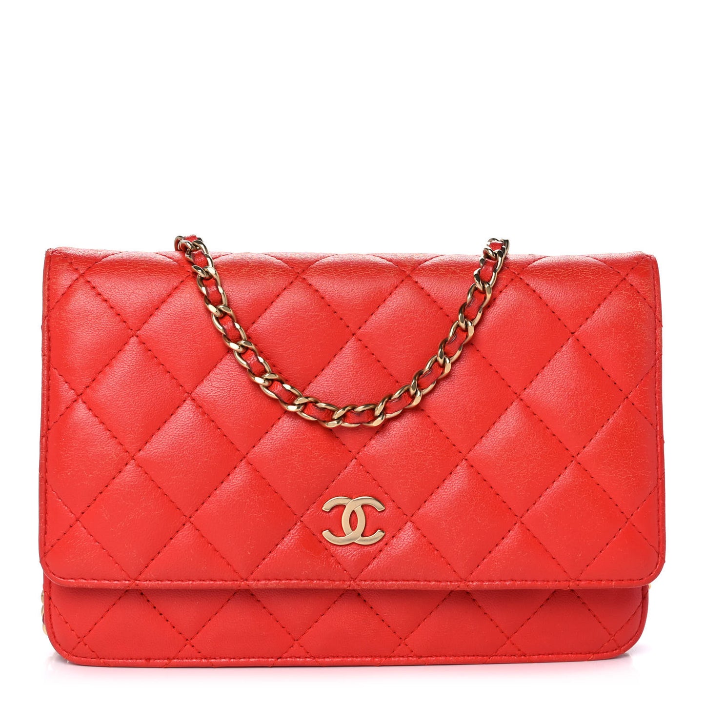 Lambskin Quilted Wallet On Chain WOC Light Red