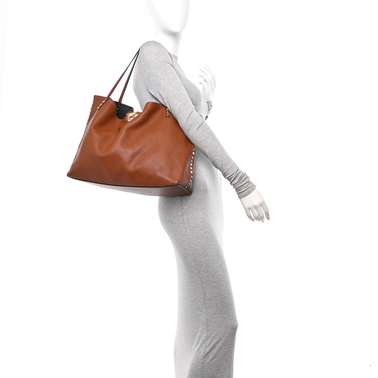Grained Calfskin Large Rockstud Flip Lock Tote Camel Black