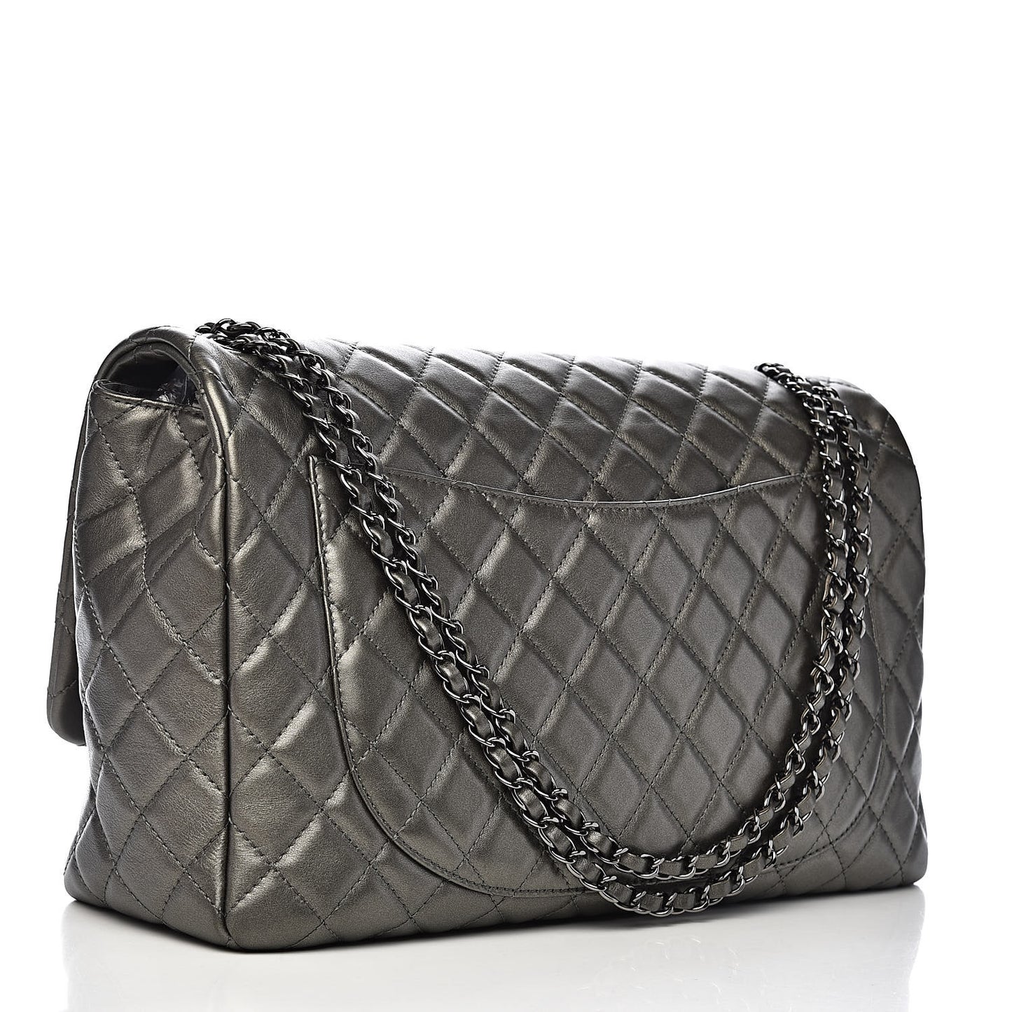 Metallic Calfskin Quilted Small XXL Travel Flap Bag Dark Silver