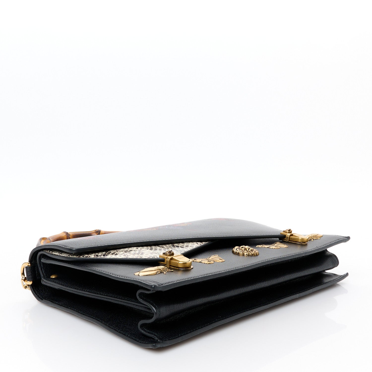 Gucci Calfskin Snakeskin Studded Medium Ottilia Top Handle Bag Black 3 of 11
