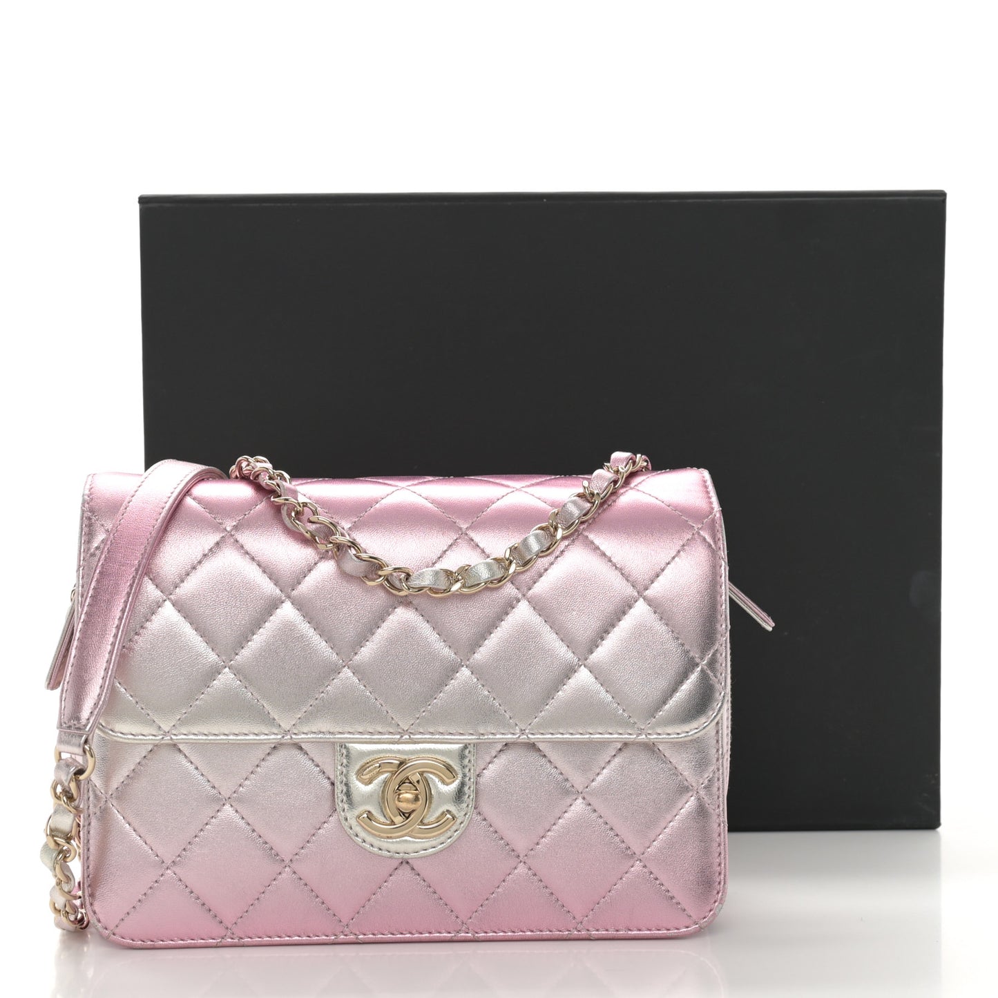 Metallic Lambskin Quilted Large Like A Wallet Flap Golden Pink