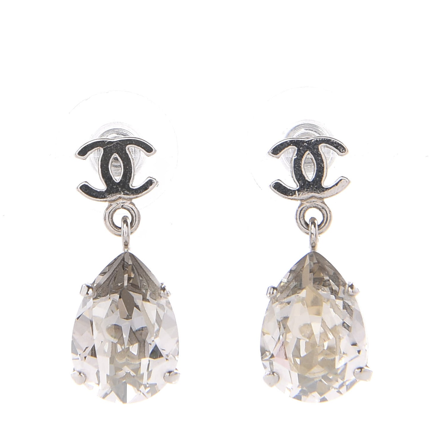 Crystal CC Tear Drop Earrings Silver