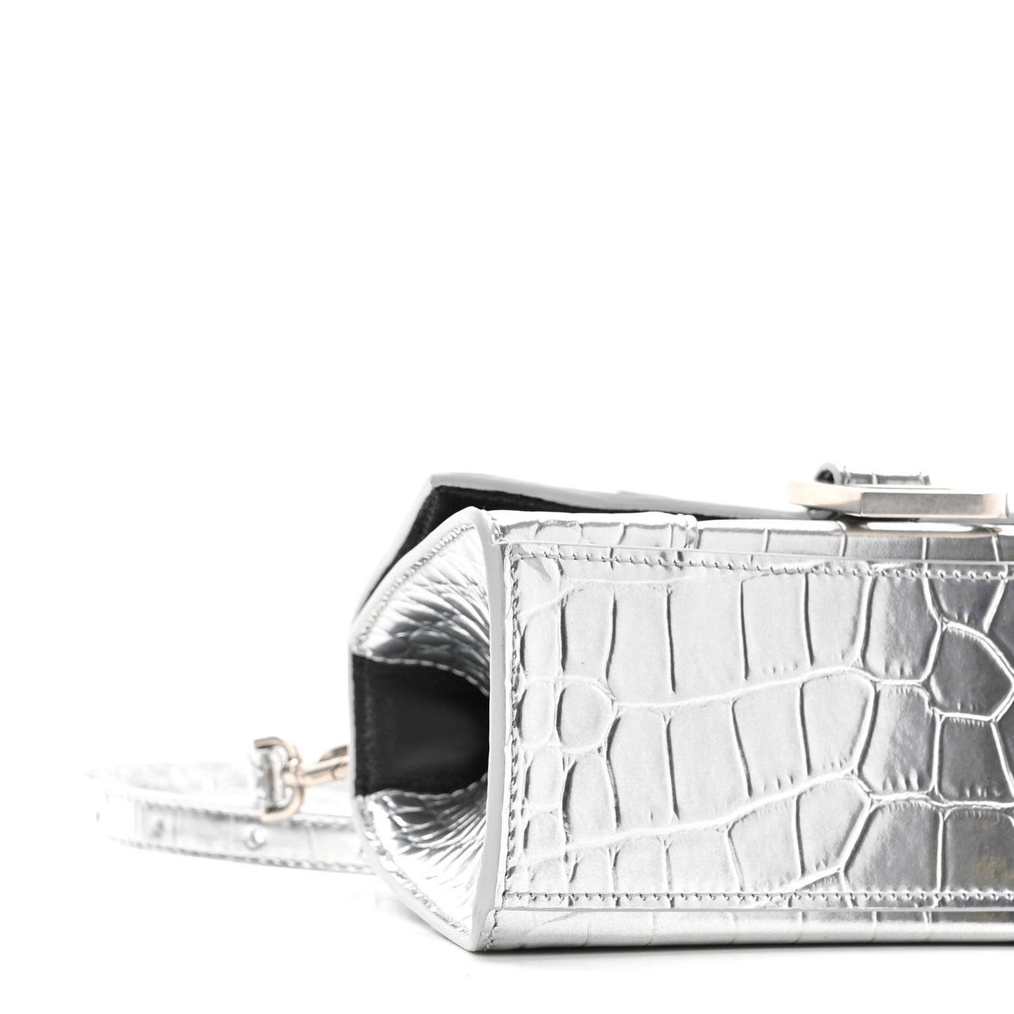 Metallic Calfskin Crocodile Embossed Hourglass Top Handle Bag XS Silver