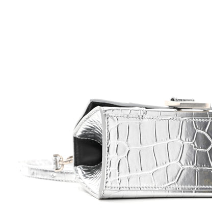 Balenciaga Metallic Calfskin Crocodile Embossed Hourglass Top Handle Bag XS Silver 8 of 9