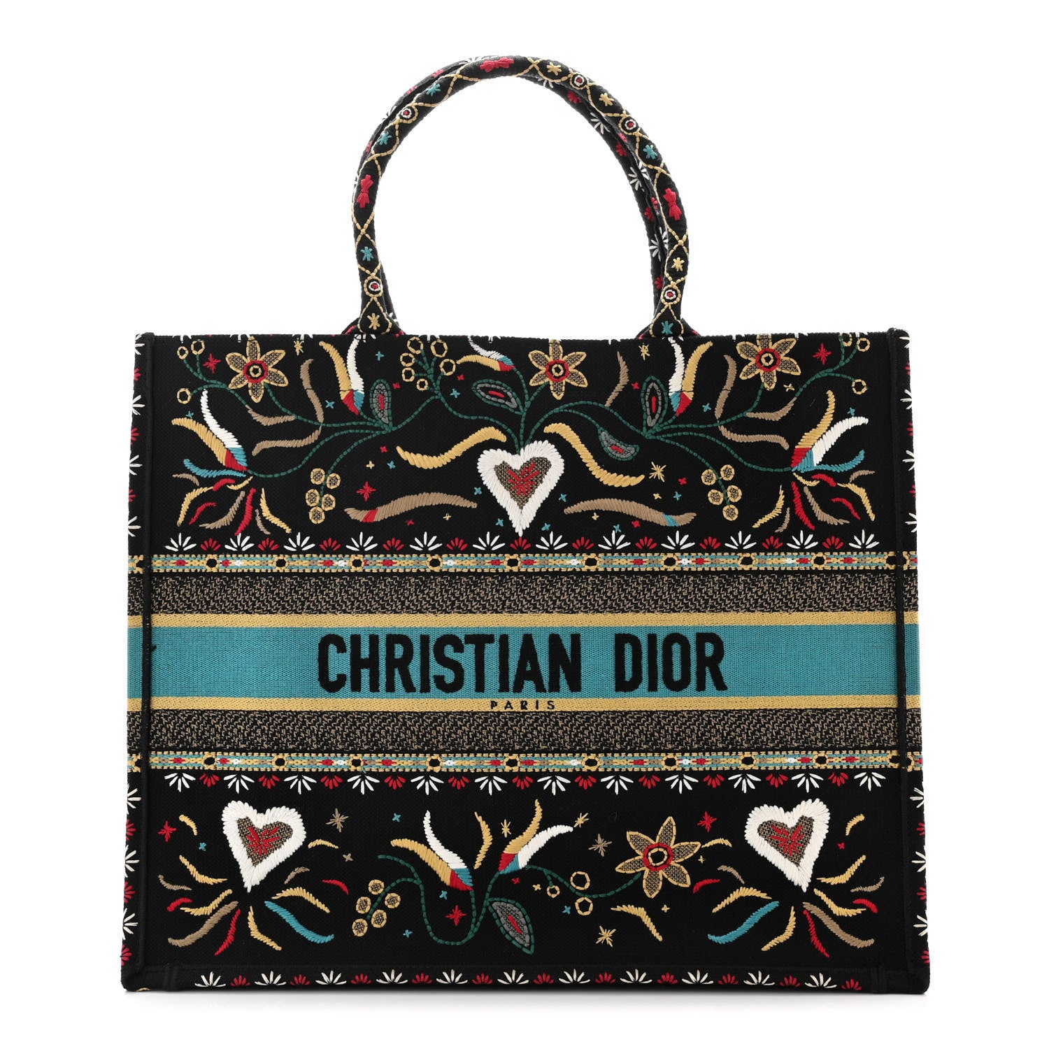 Christian Dior Canvas Embroidered Large Flowers Heart Book Tote Black Multicolor 1 of 10