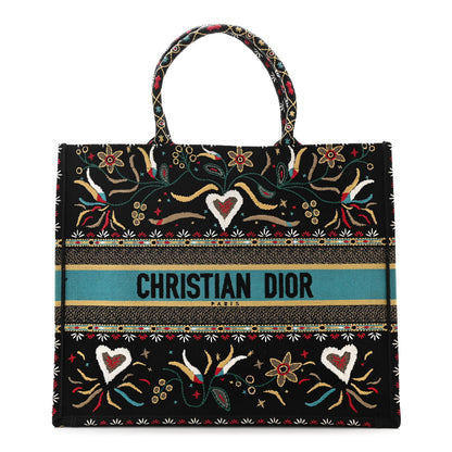 Christian Dior Canvas Embroidered Large Flowers Heart Book Tote Black Multicolor 1 of 10