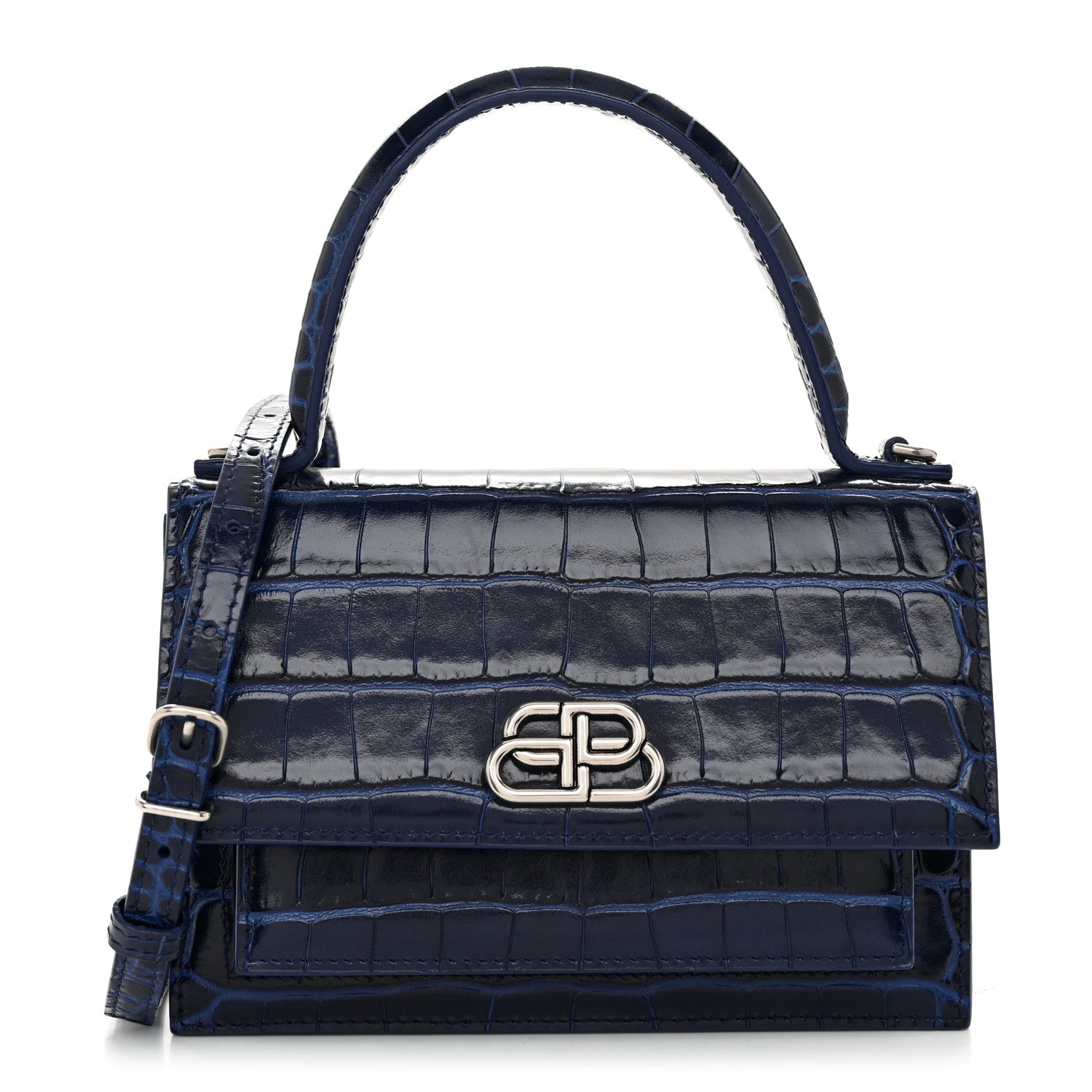 Balenciaga Shiny Calfskin Crocodile Embossed XS Sharp Top Handle Bag Navy 1 of 10